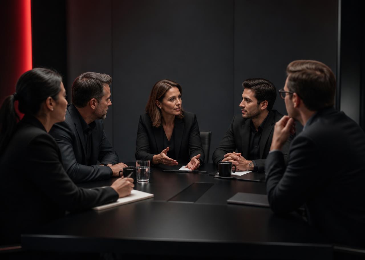 Equipe corporativa reunida discutindo benefícios de plano de saúde empresarial