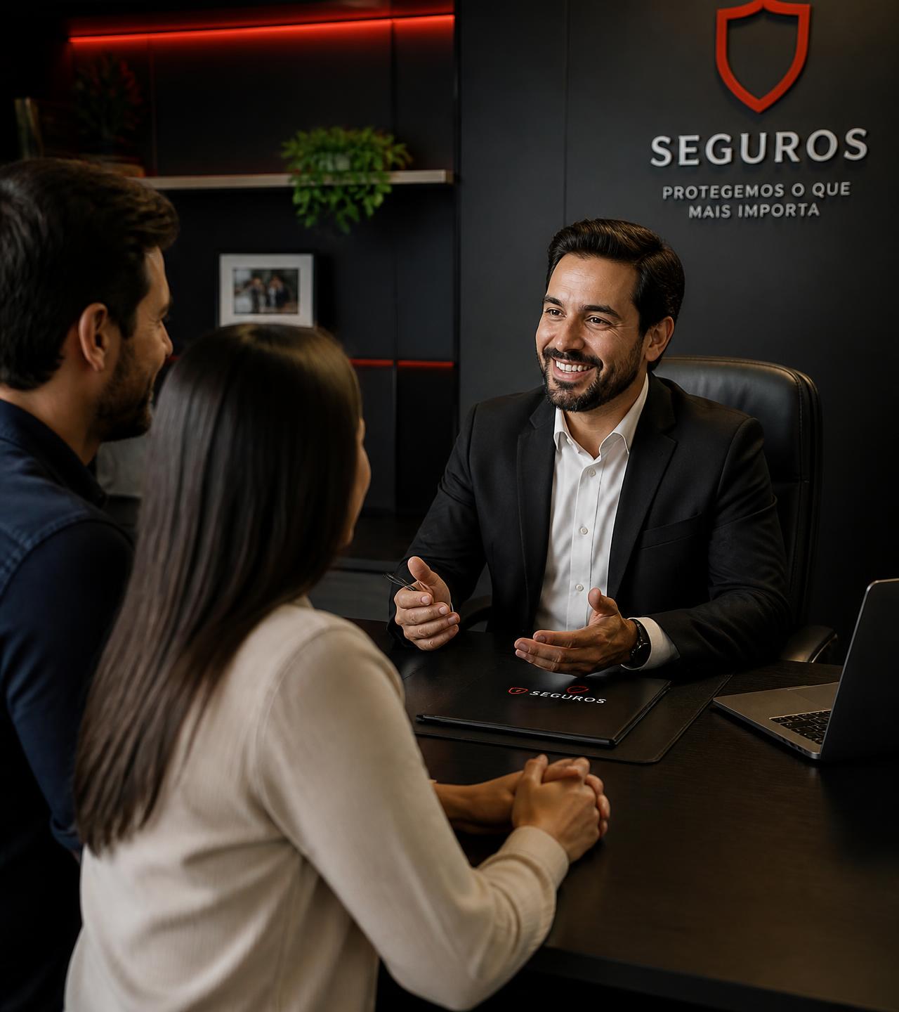 Consultor da TRSeguros atendendo clientes em reunião de cotação de plano de saúde